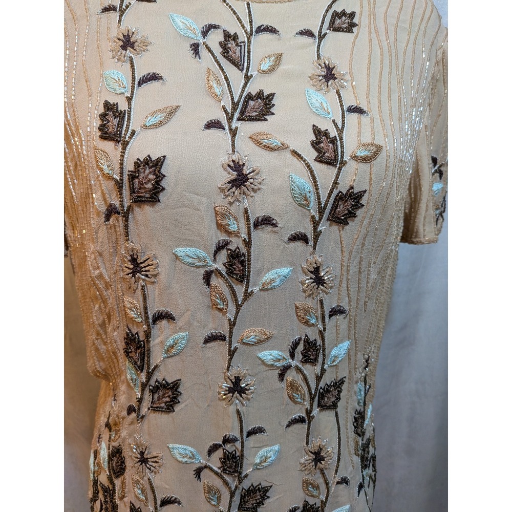 Vintage Adrianna Papell Cottagecore Old Money 14 BeigeBrown Beads Silk FloralTop - Picture 4 of 10